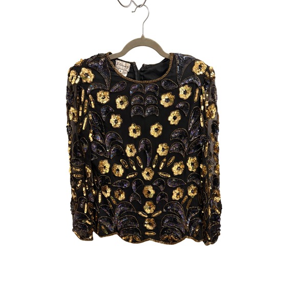 Stenay Tops - Stenay Vintage 80s Silk Sequin Beaded Top Gold Black Floral Evening Blouse Small